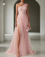 dames one-shoulder maxi jurk met vouw in roze