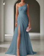 dames one-shoulder maxi jurk met vouw in stoffig blauw