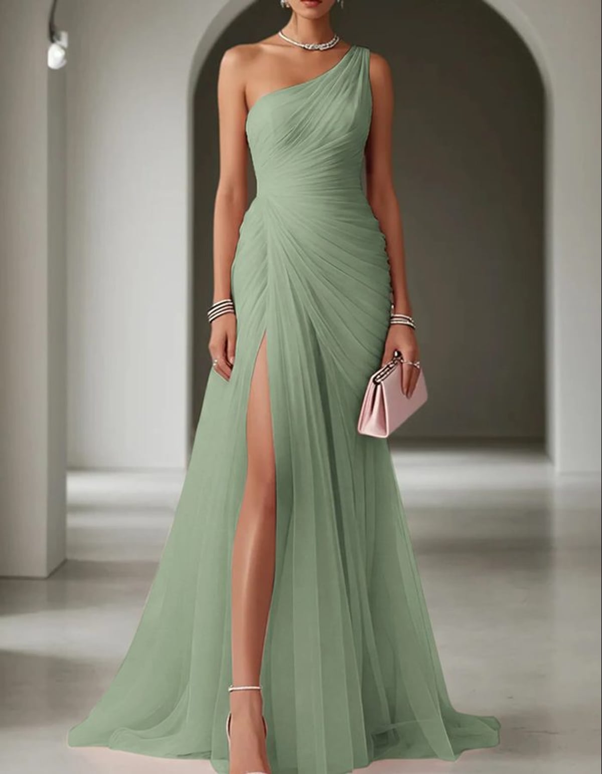 dames one-shoulder maxi jurk met vouw in saliegroen