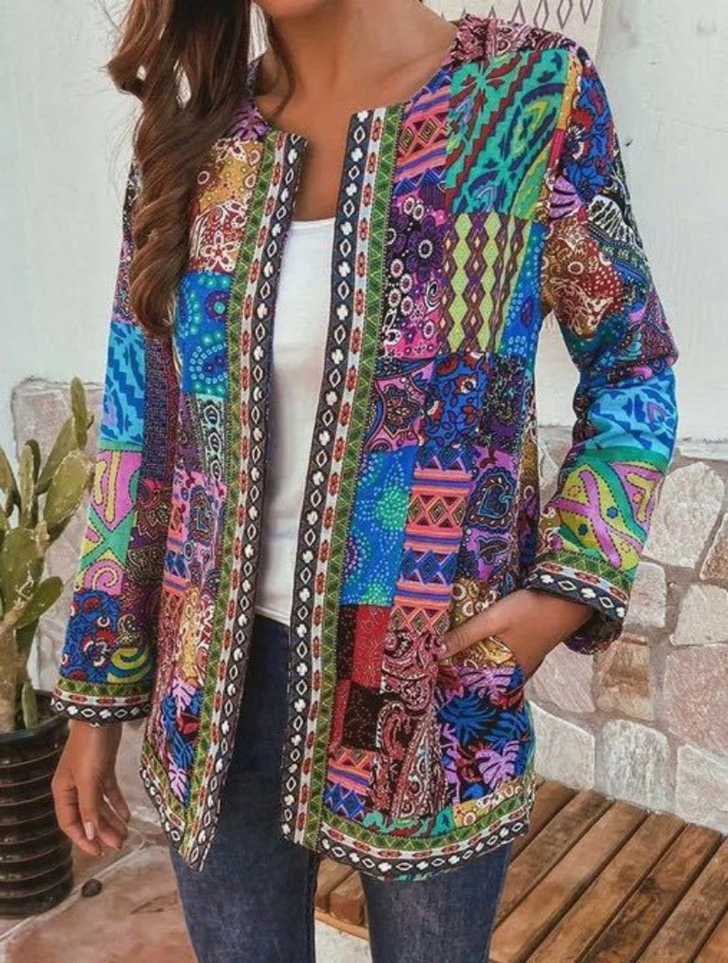 dames open vest met lange mouwen en print in blauw