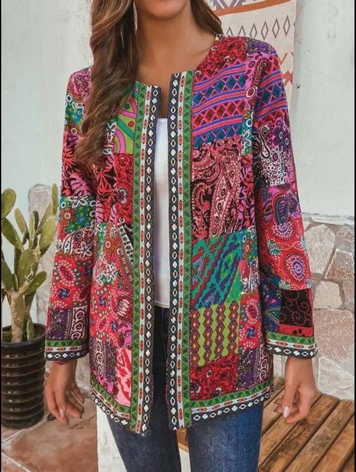 dames open vest met lange mouwen en print in rood