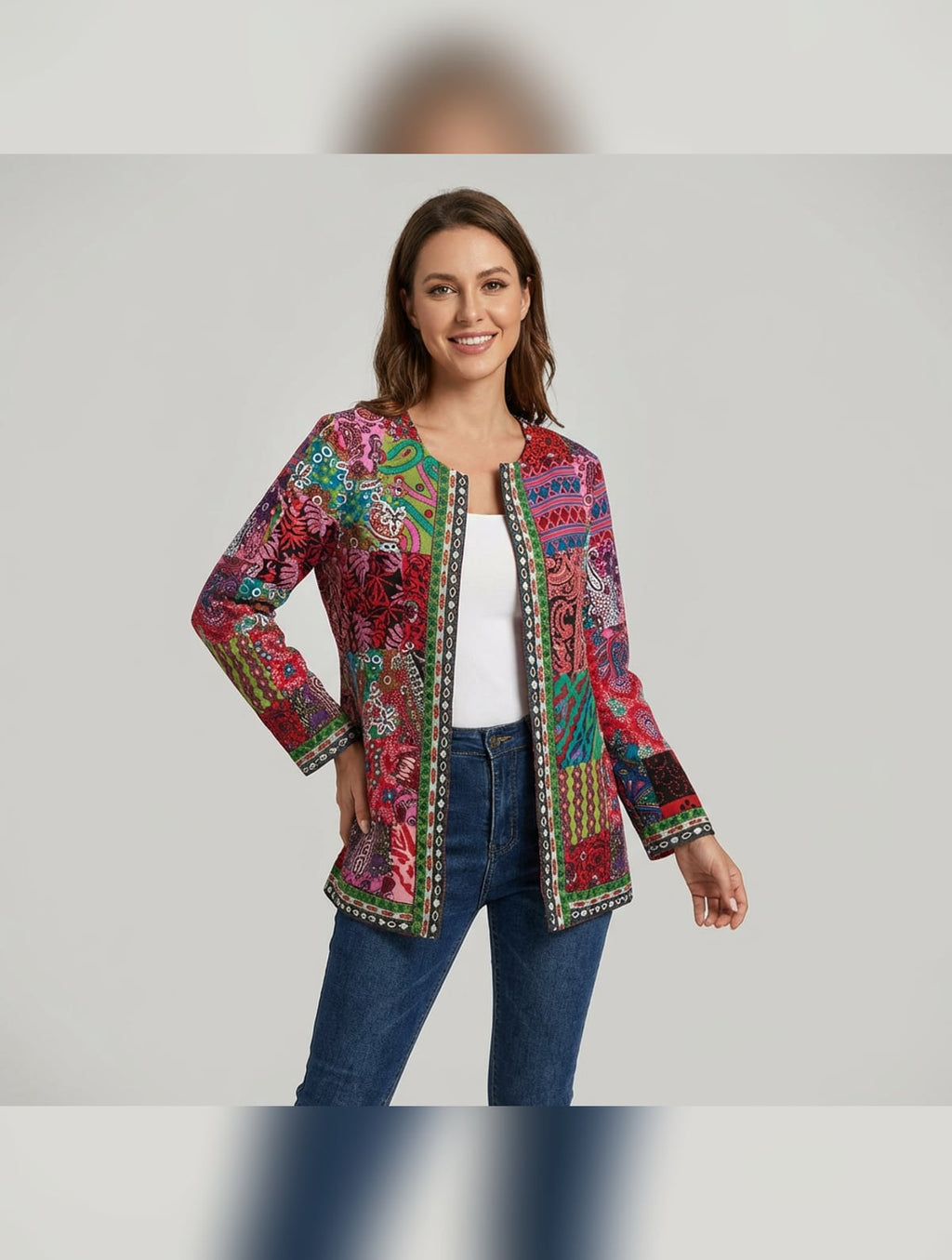 dames open vest met lange mouwen en print