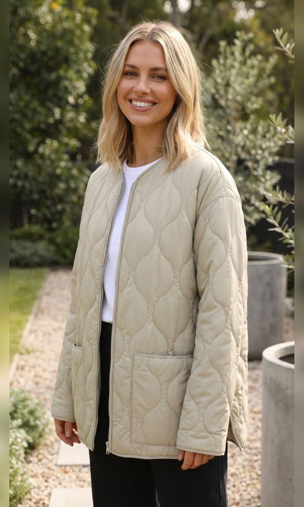 dames oversized gewatteerde jas zonder kraag in beige