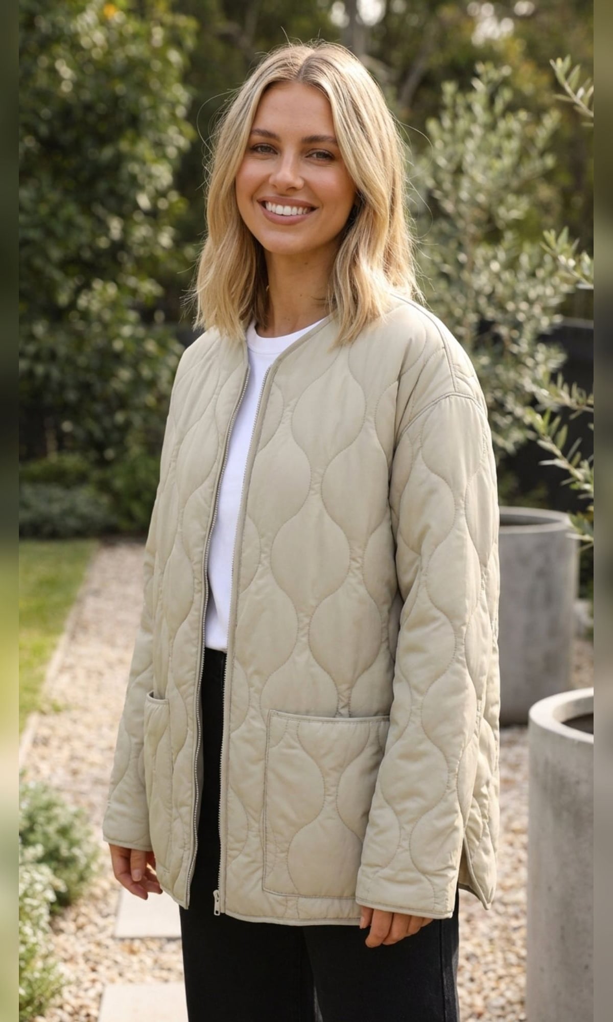 dames oversized gewatteerde jas zonder kraag in beige