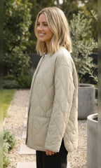dames oversized gewatteerde jas zonder kraag in beige