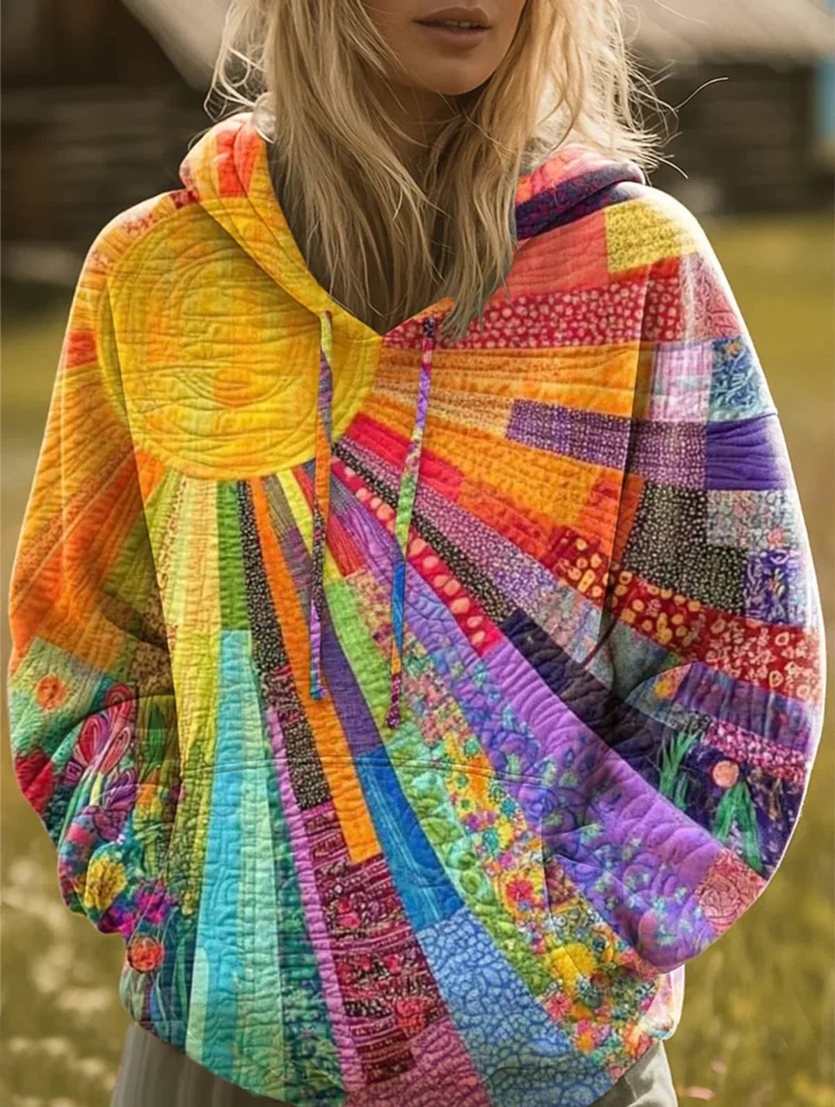 dames oversized hoodie met patchwork print in multicolor