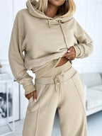 dames oversized hoodie set met wide leg broek in beige