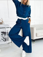 dames oversized hoodie set met wide leg broek in blauw