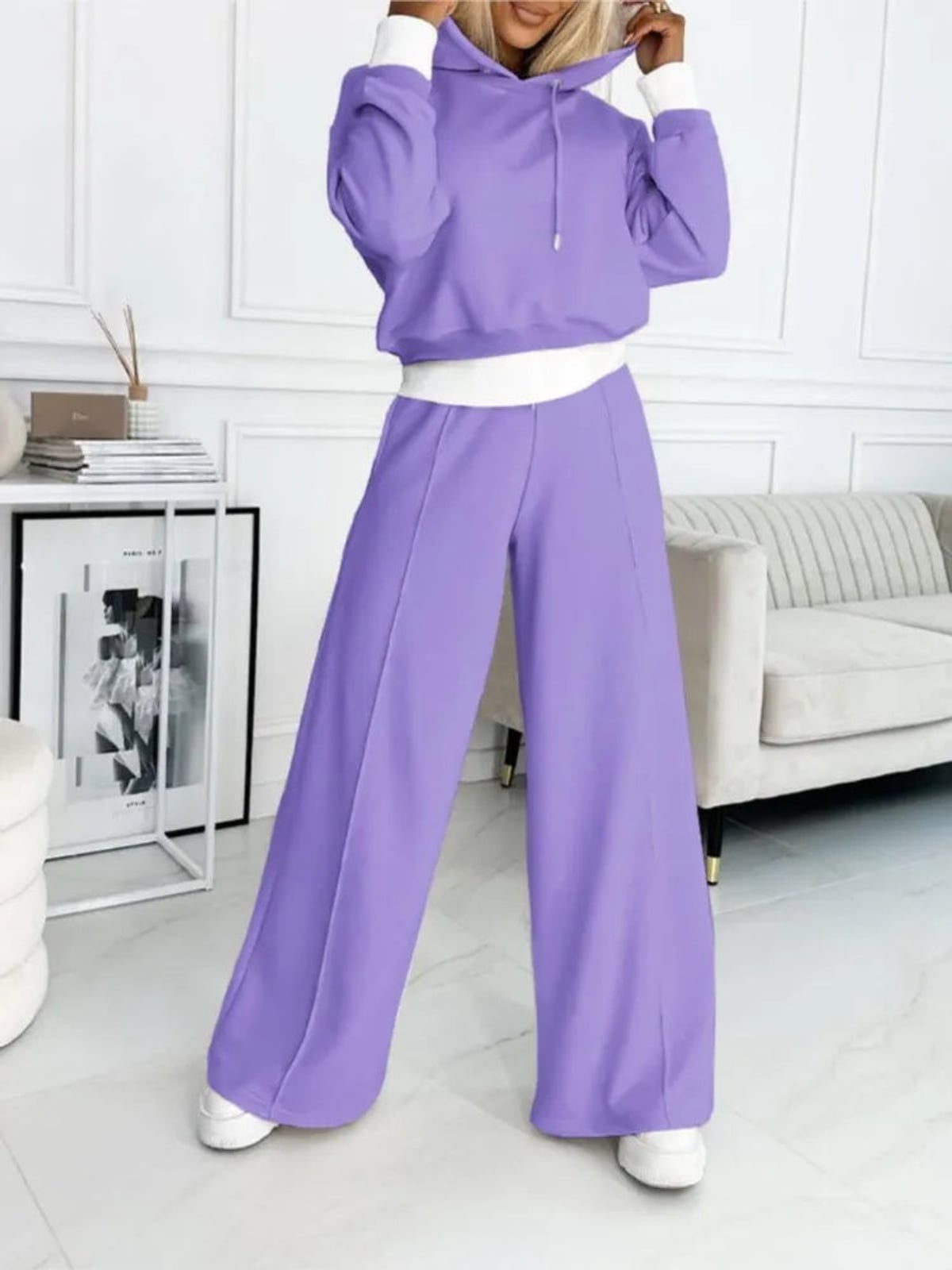 dames oversized hoodie set met wide leg broek in paars