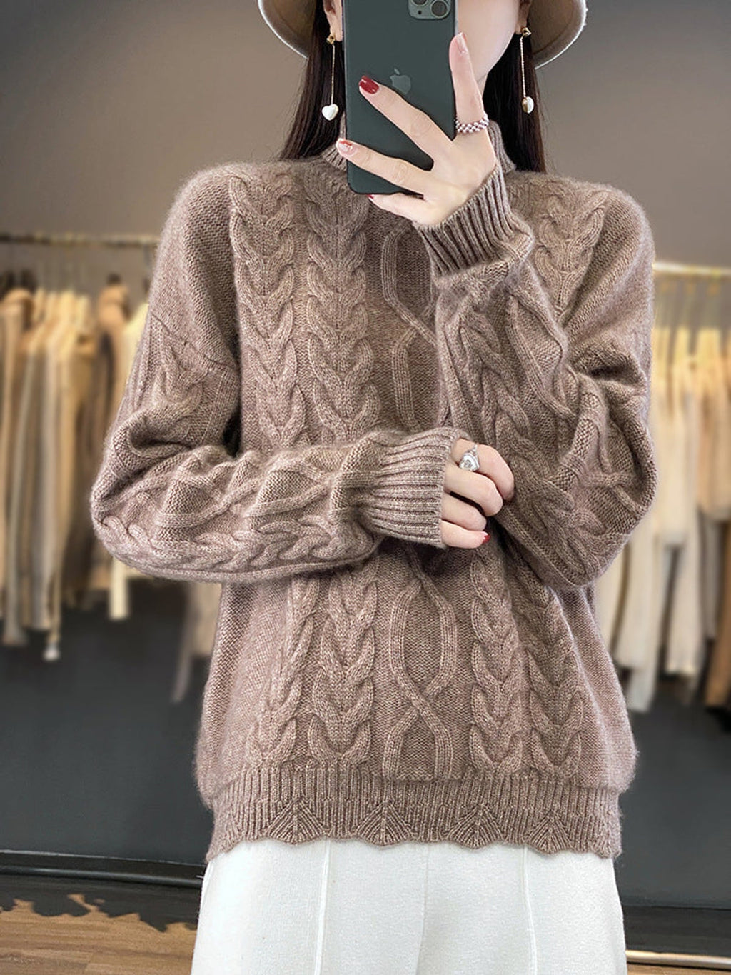 dames oversized mohair-look trui met kabel- en vlechtpatroon in natuurcamel