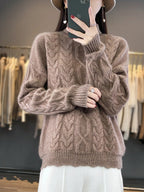 dames oversized mohair-look trui met kabel- en vlechtpatroon in natuurcamel