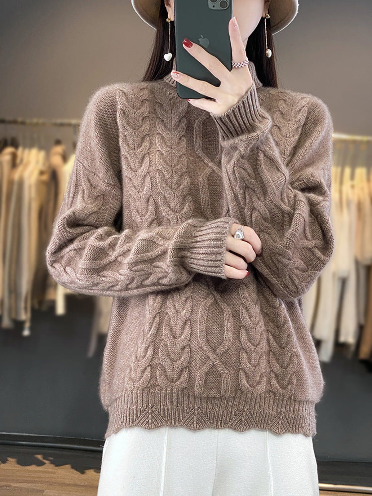 dames oversized mohair-look trui met kabel- en vlechtpatroon in natuurcamel