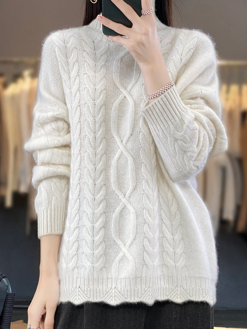 dames oversized mohair-look trui met kabel- en vlechtpatroon in wit