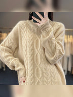 dames oversized mohair-look trui met kabel- en vlechtpatroon in natuurbeige