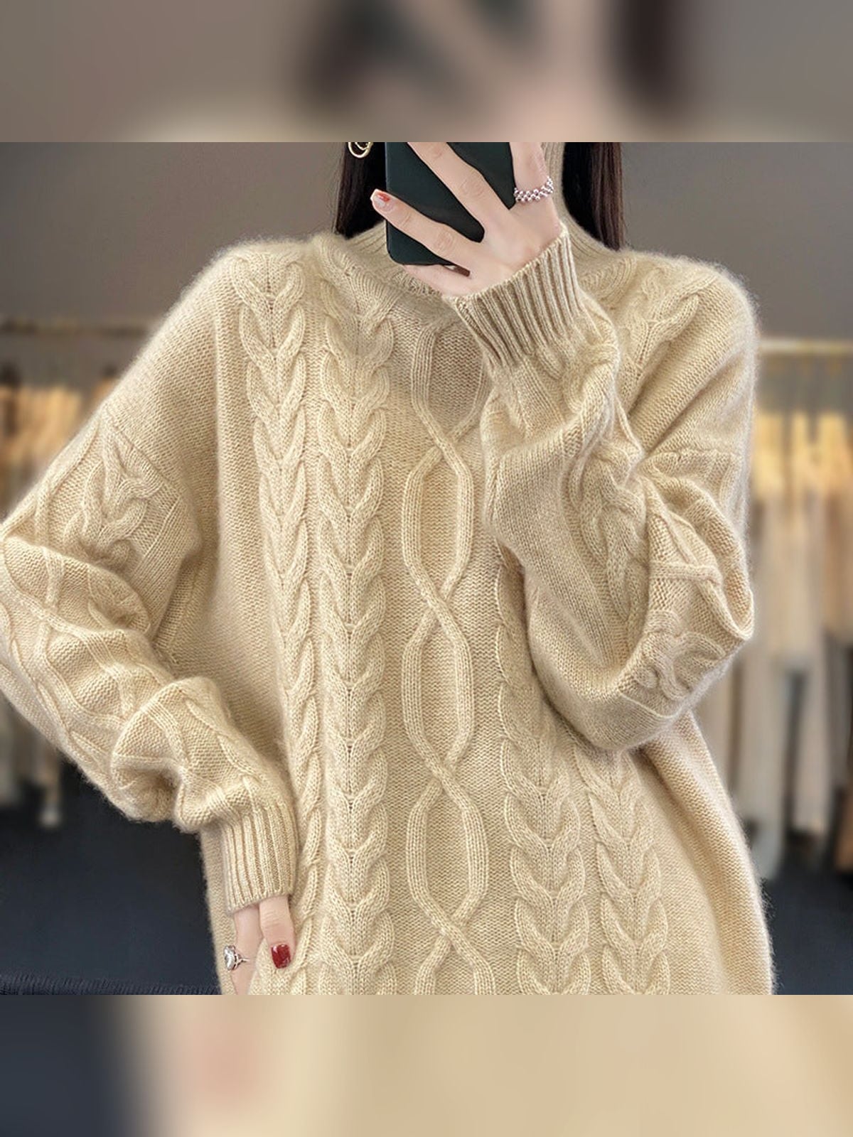 dames oversized mohair-look trui met kabel- en vlechtpatroon in natuurbeige
