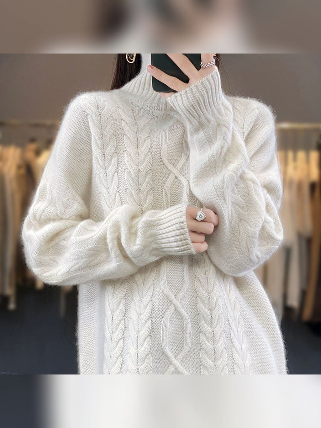 dames oversized mohair-look trui met kabel- en vlechtpatroon in wit