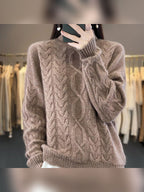 dames oversized mohair-look trui met kabel- en vlechtpatroon in natuurcamel