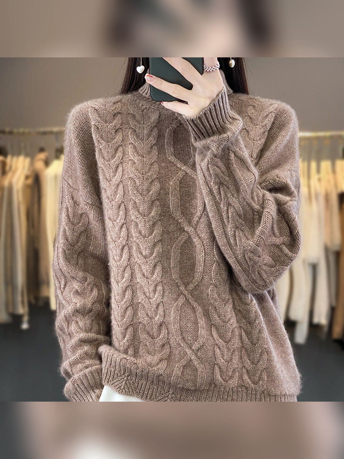 dames oversized mohair-look trui met kabel- en vlechtpatroon in natuurcamel