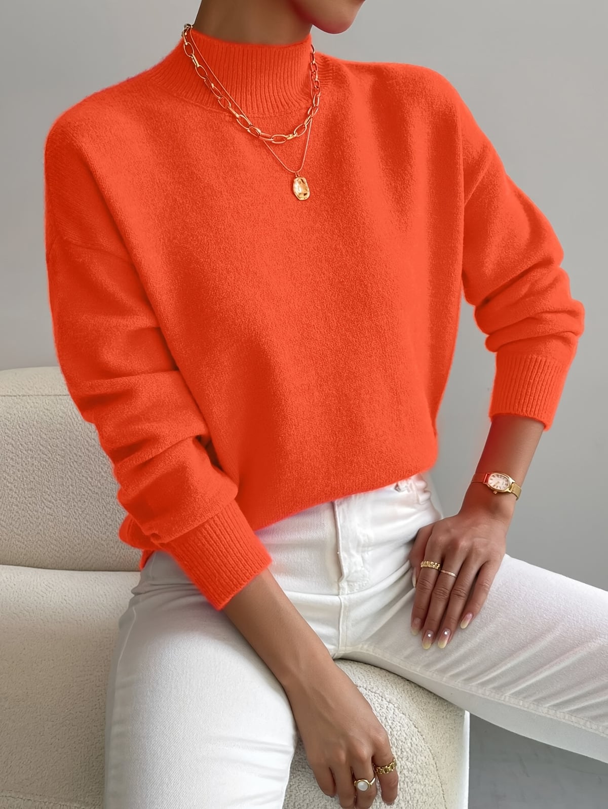 dames oversized trui met opstaande kraag oranje