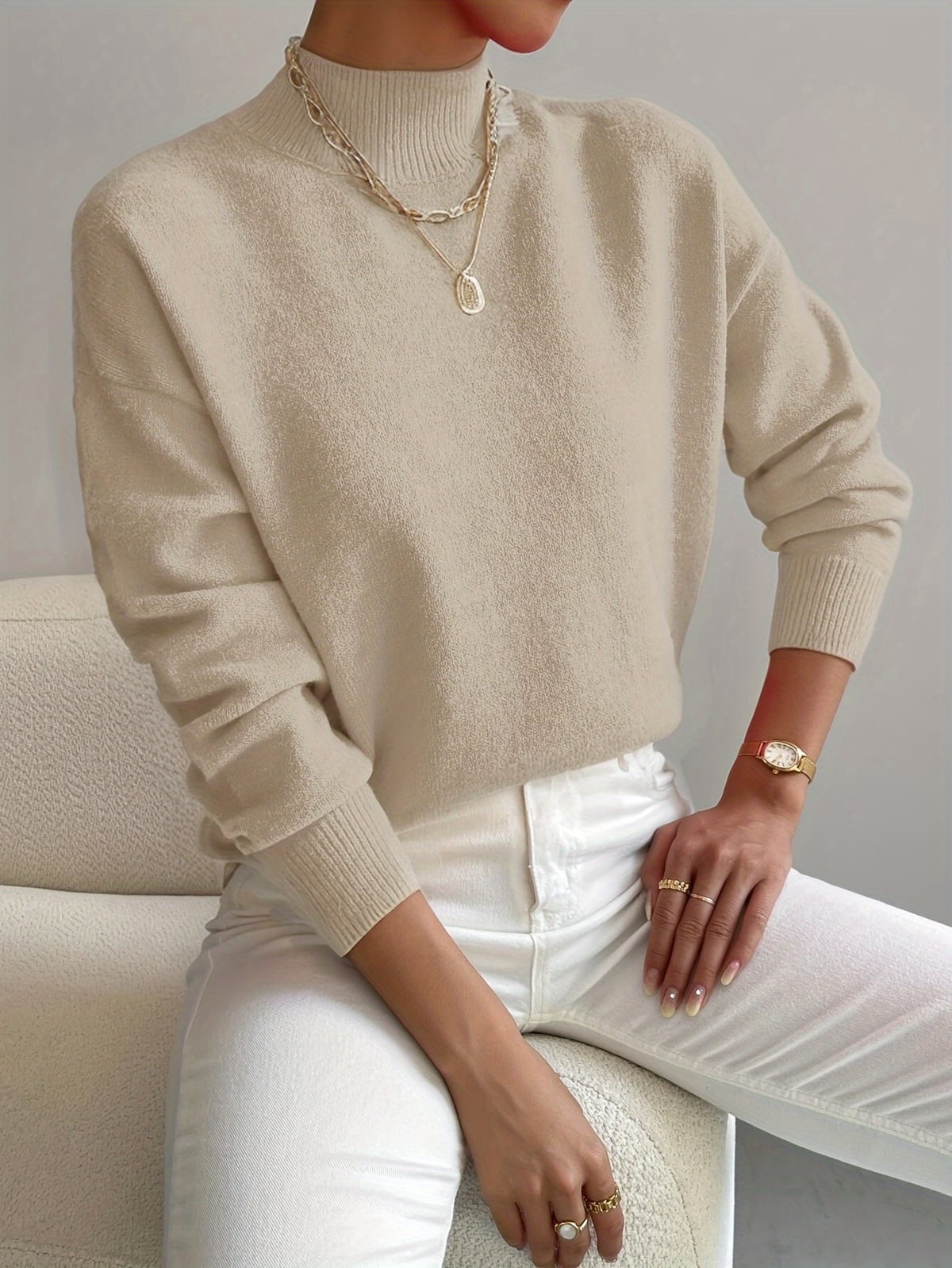 dames oversized trui met opstaande kraag Abrikoos