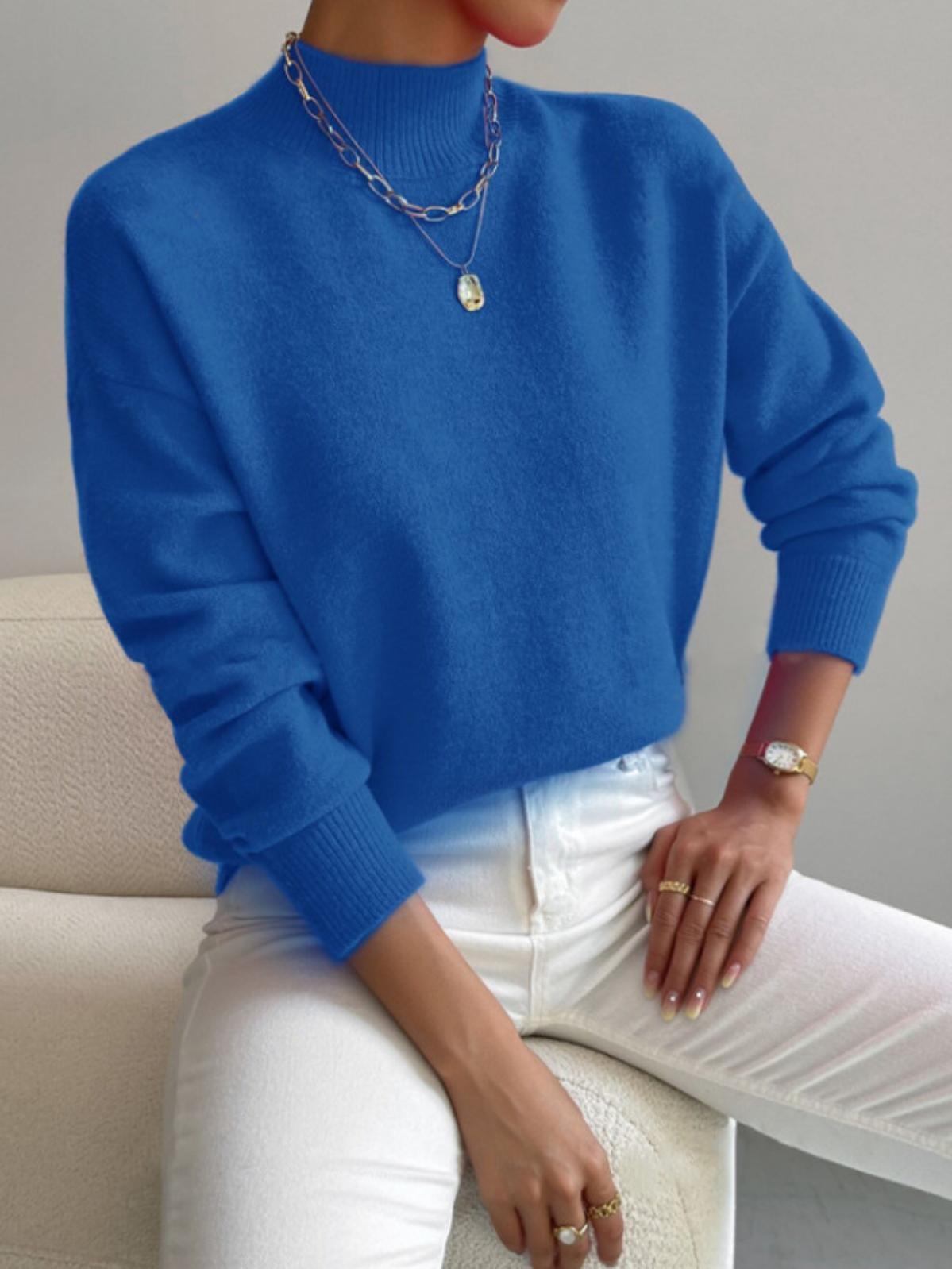 dames oversized trui met opstaande kraag Blauw