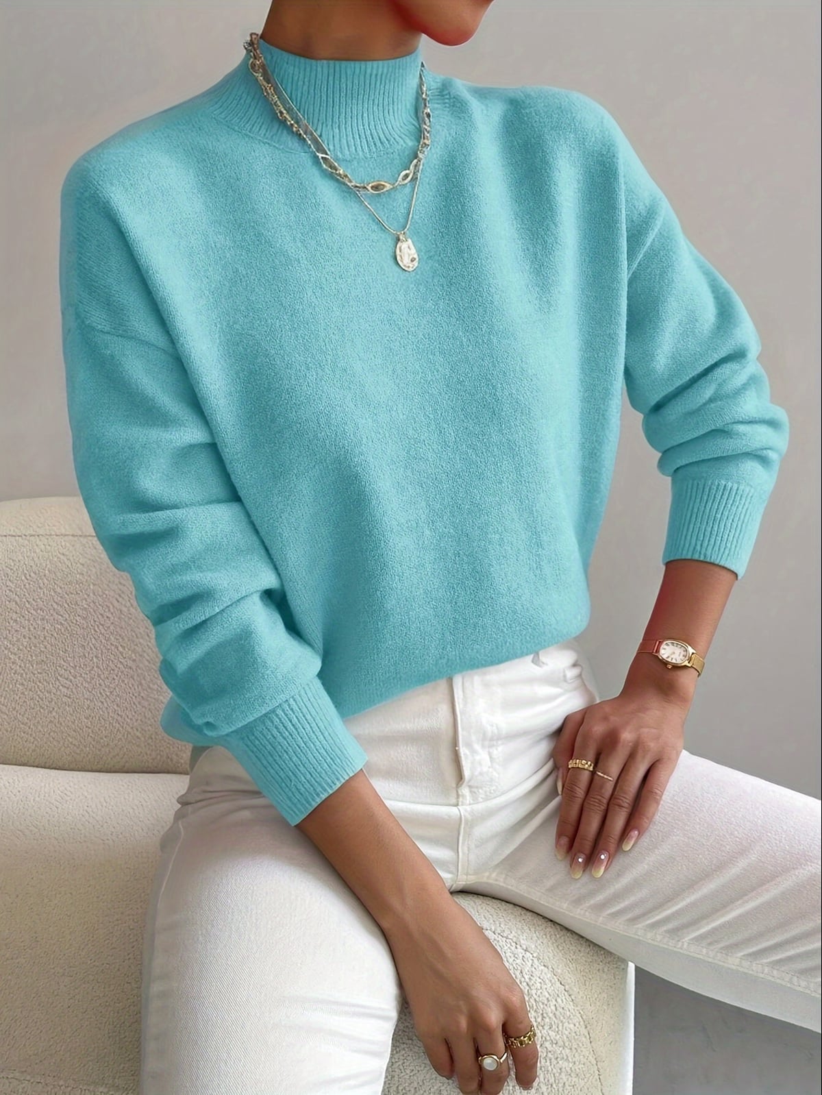 dames oversized trui met opstaande kraag cyaan
