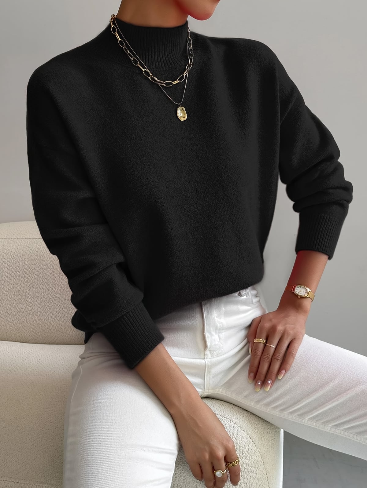 dames oversized trui met opstaande kraag zwart