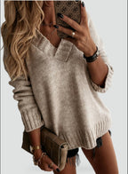 dames oversized trui met v-hals in lichtbruin