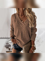 dames oversized trui met v-hals in koffiebruin