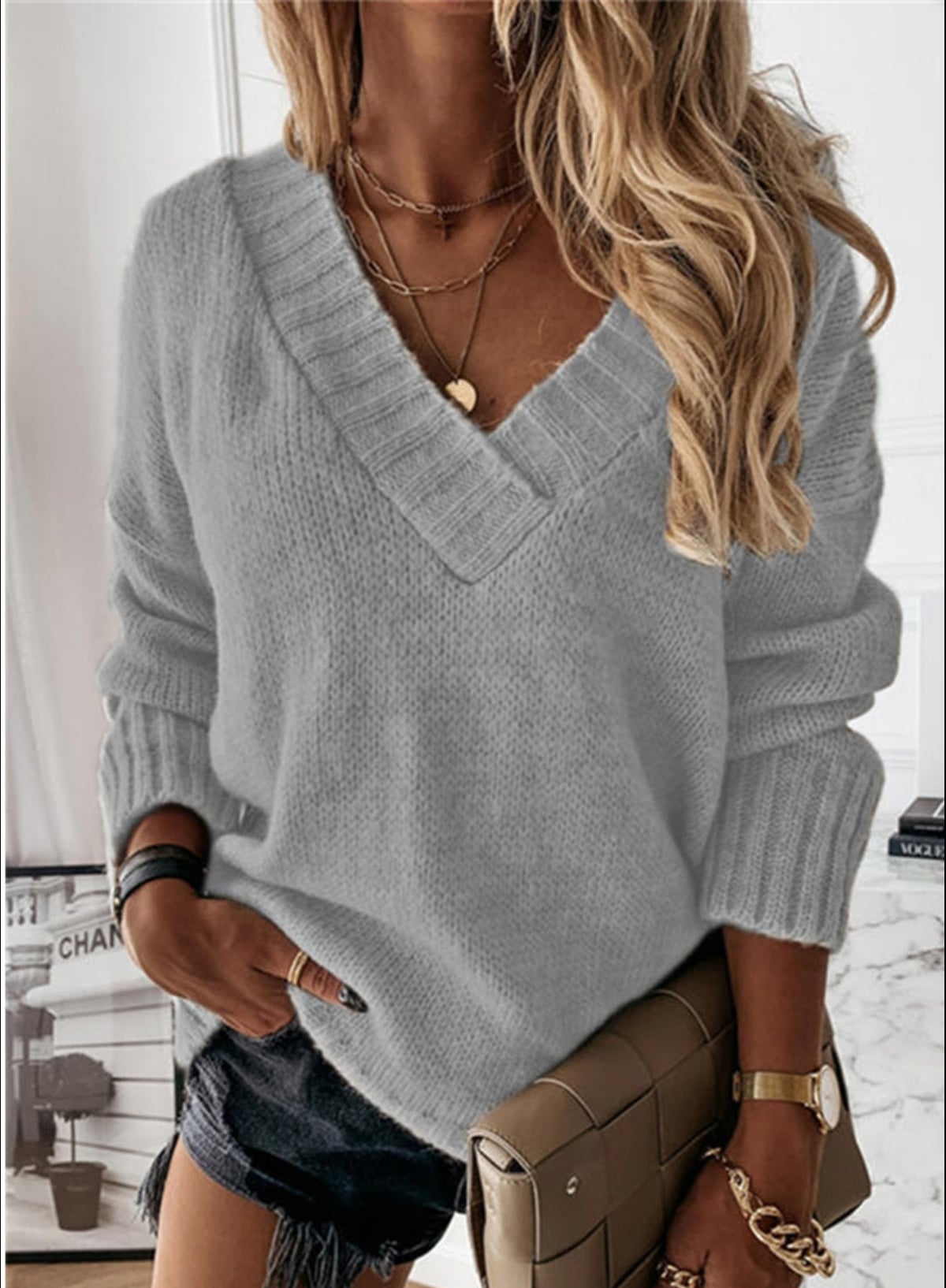 dames oversized trui met v-hals in grijs