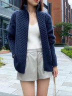 dames oversized vest met staande kraag en rits in marineblauw