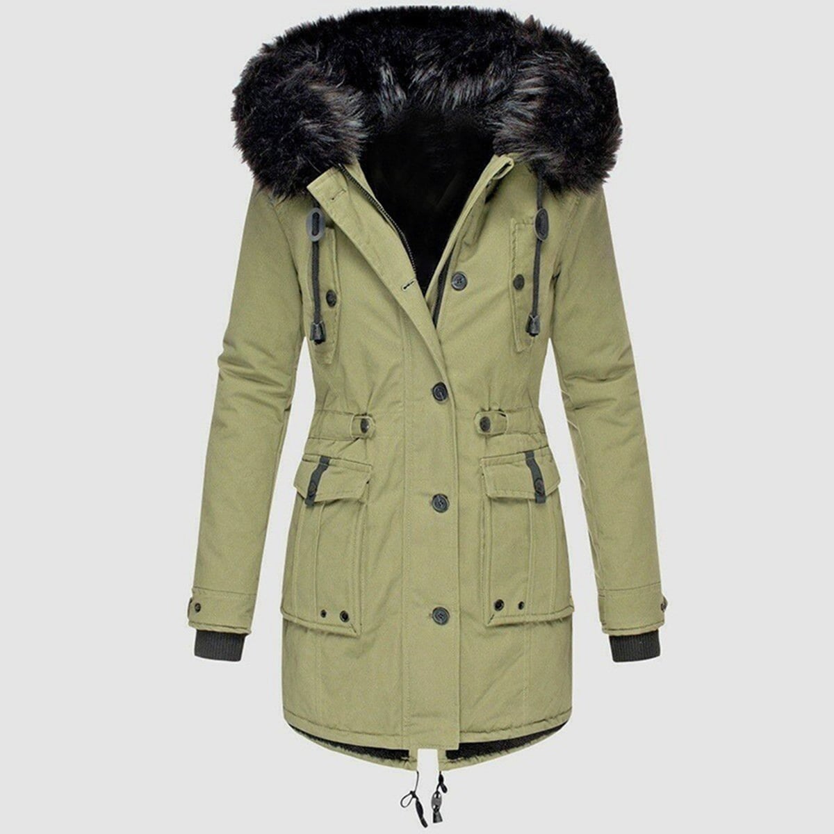 dames parka winterjas getailleerd met capuchon in groen