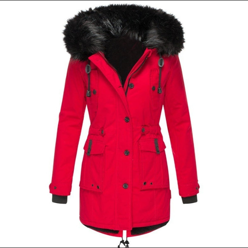 dames parka winterjas getailleerd met capuchon in rood