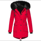 dames parka winterjas getailleerd met capuchon in rood