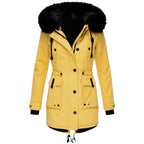 dames parka winterjas getailleerd met capuchon in geel