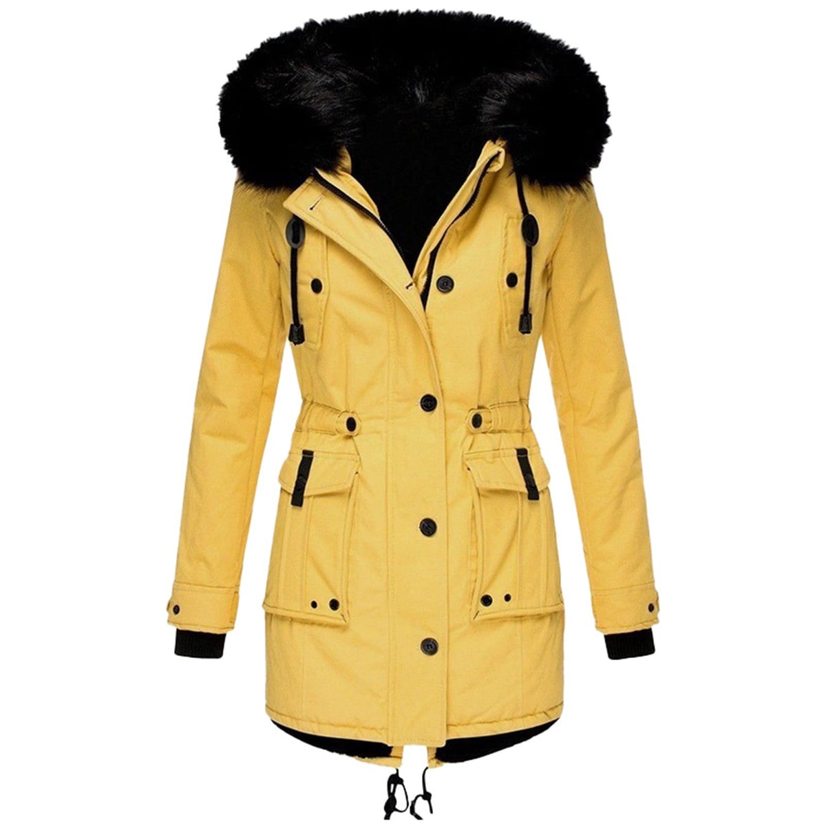 dames parka winterjas getailleerd met capuchon in geel