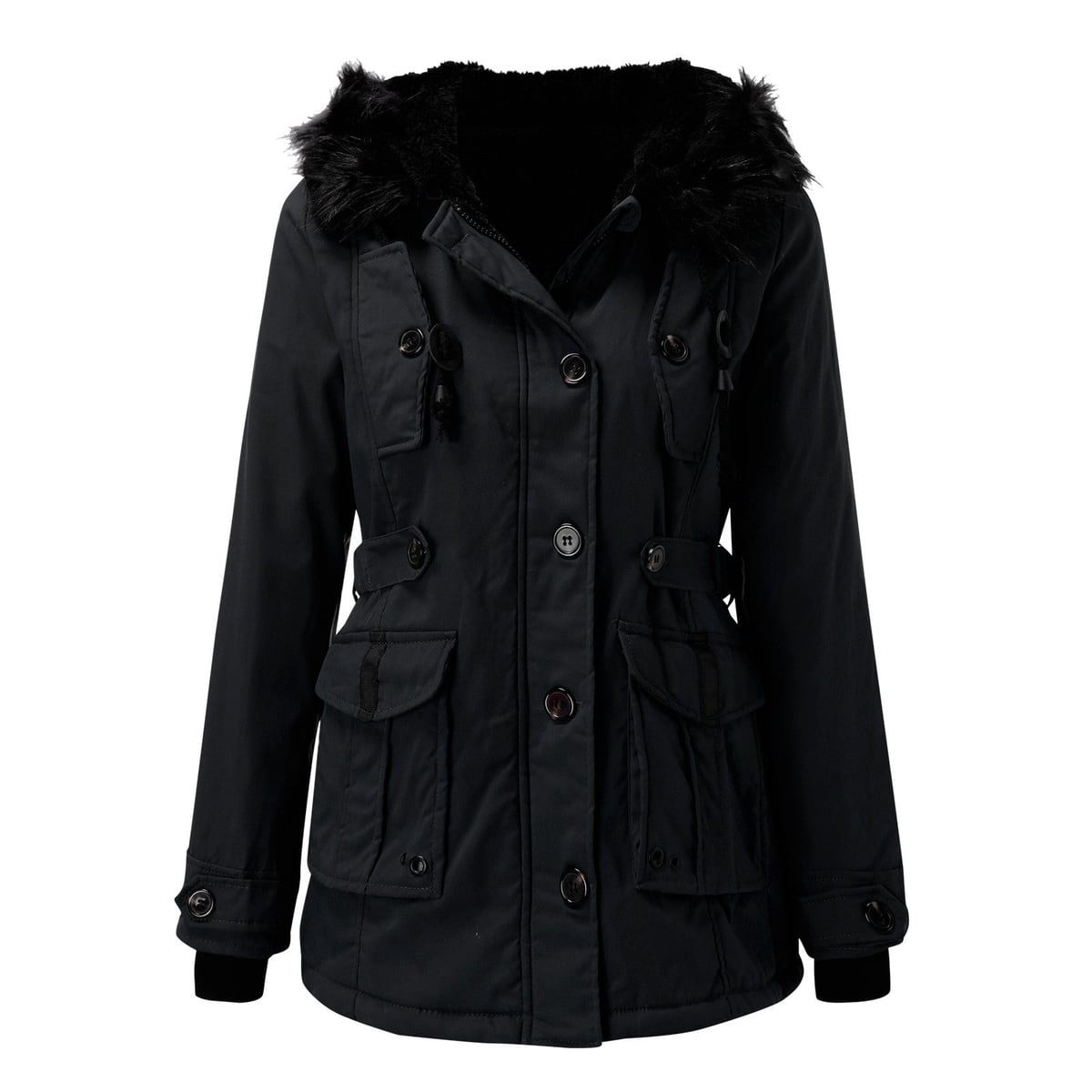 dames parka winterjas getailleerd met capuchon in zwart