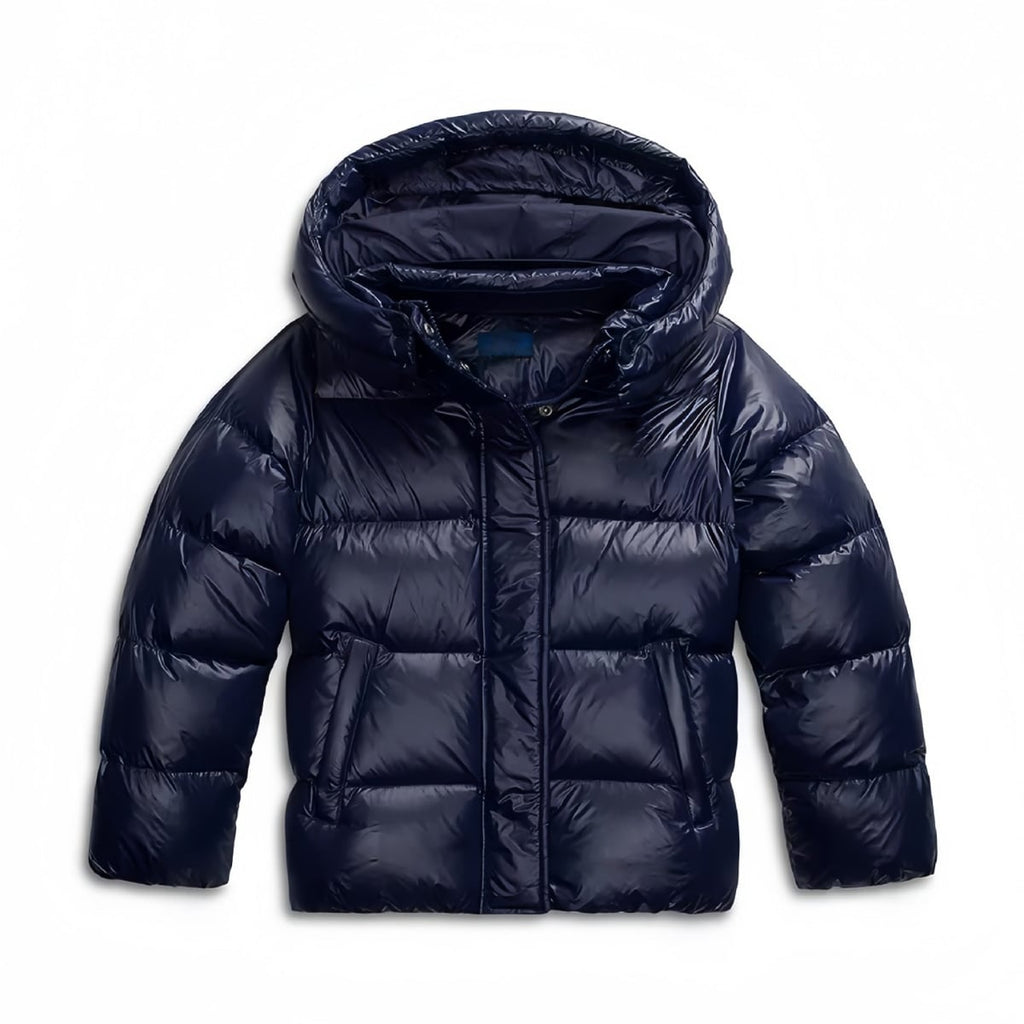 dames pufferjas met capuchon in donkerblauw