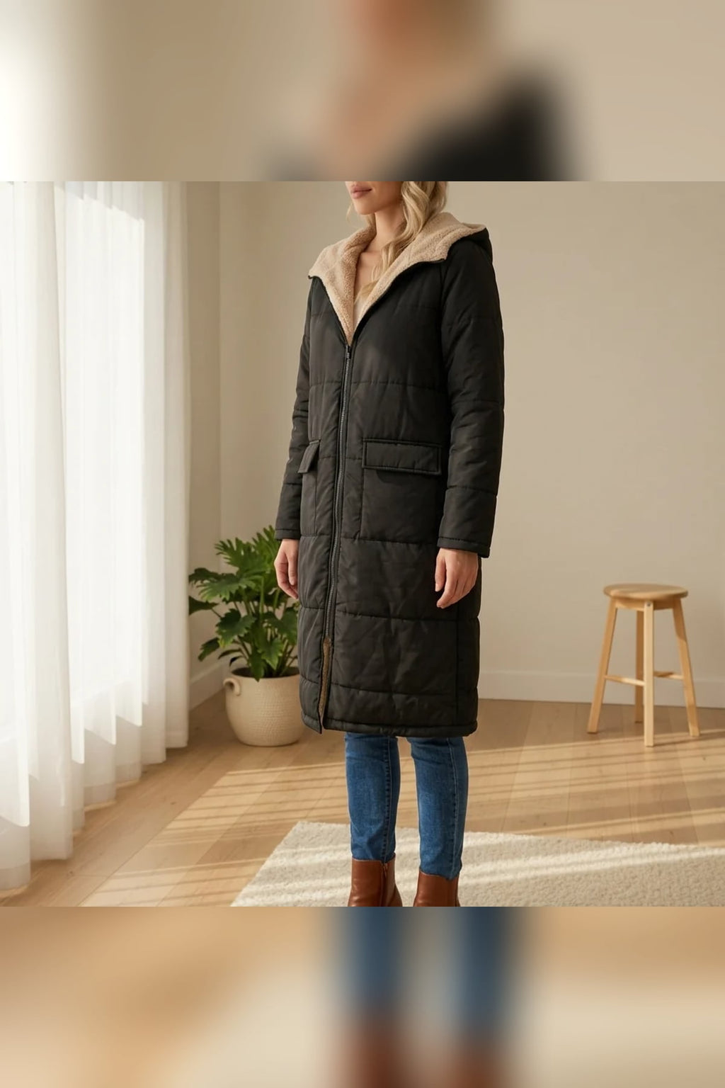 dames pufferjas met capuchon lang in zwart