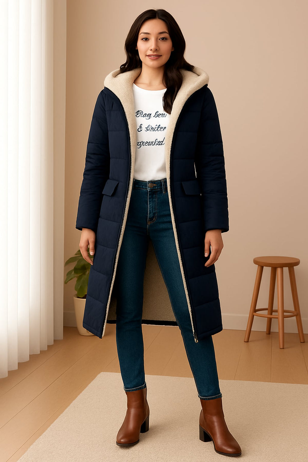 dames pufferjas met capuchon lang in marineblauw