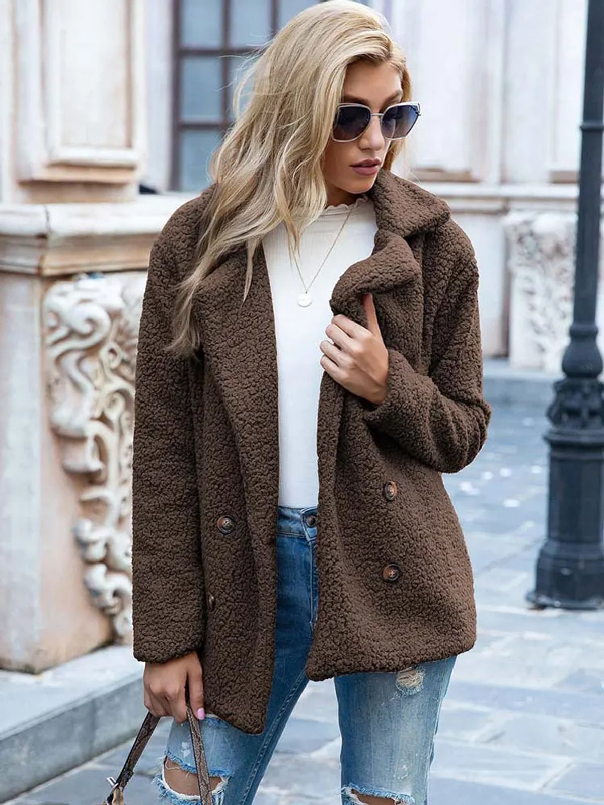 dames relaxed fit teddy coat met reverskraag in bruin
