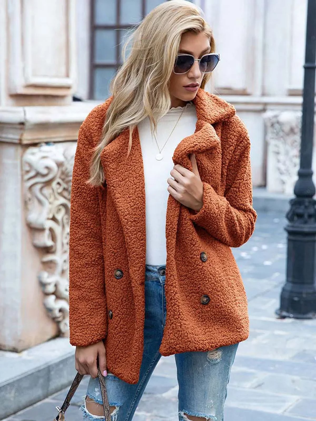 dames relaxed fit teddy coat met reverskraag in oranje