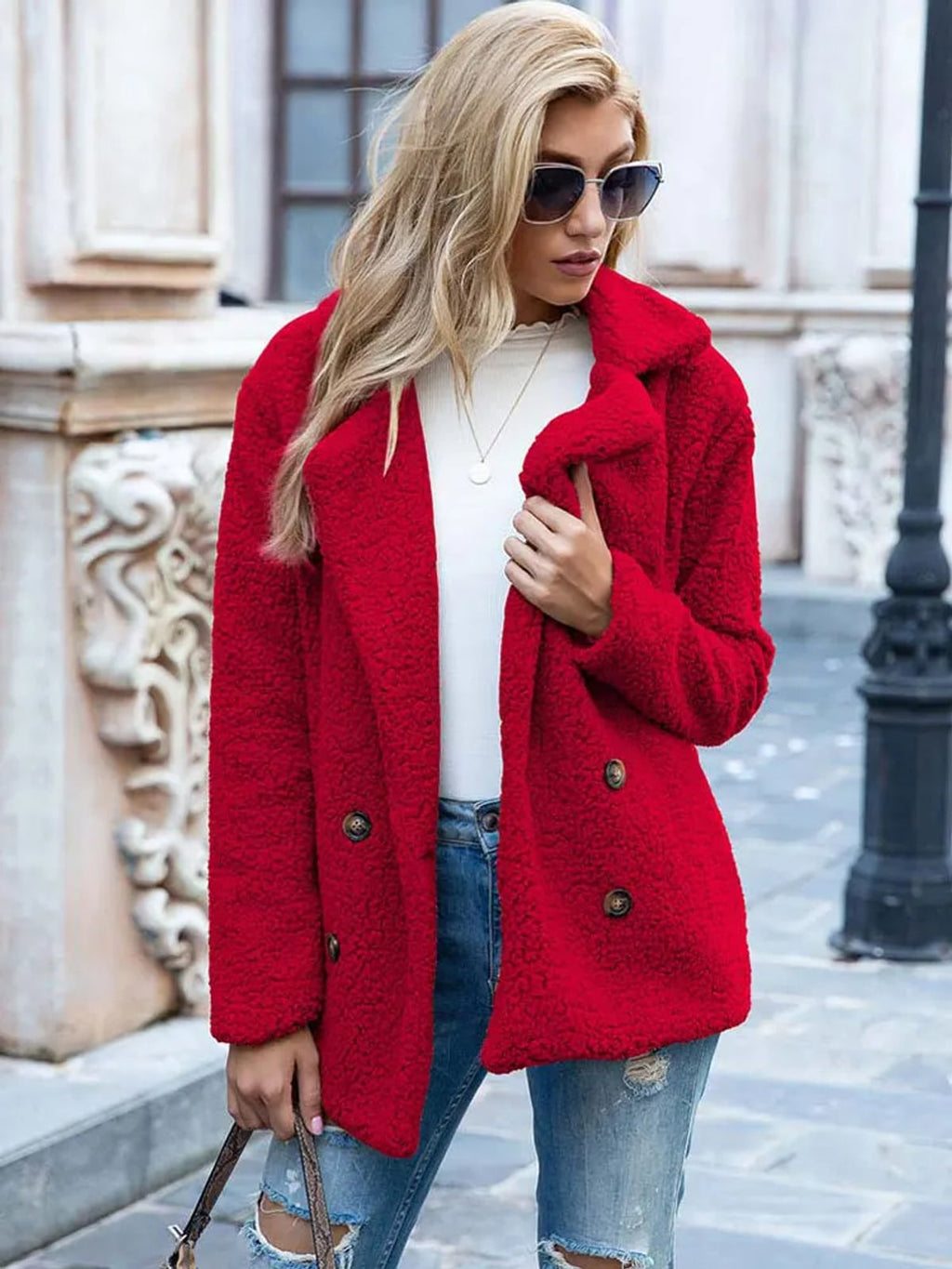 dames relaxed fit teddy coat met reverskraag in rood
