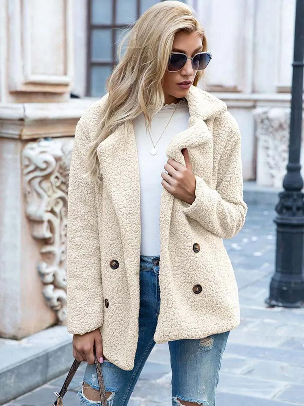 dames relaxed fit teddy coat met reverskraag in beige