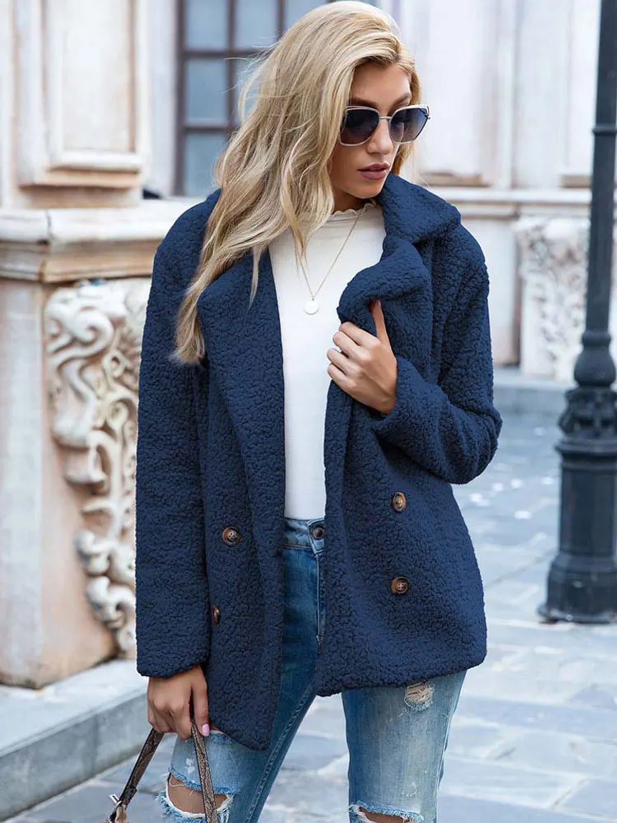 dames relaxed fit teddy coat met reverskraag in navy