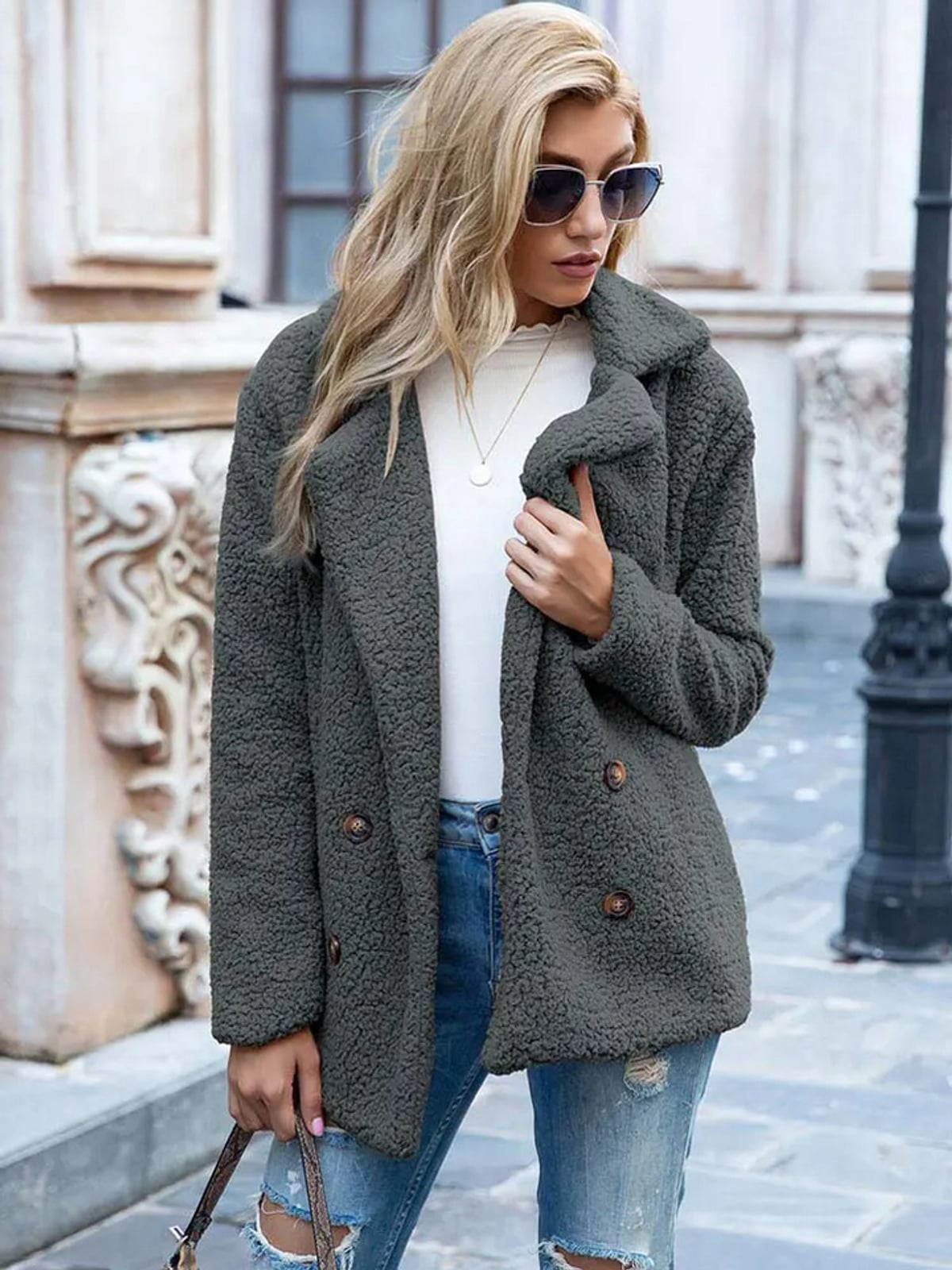 dames relaxed fit teddy coat met reverskraag in grijs