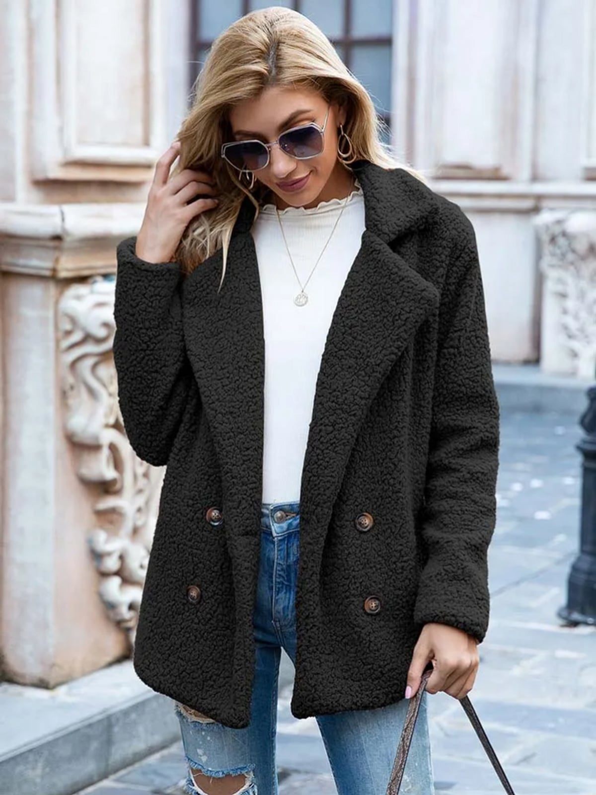 dames relaxed fit teddy coat met reverskraag in zwart