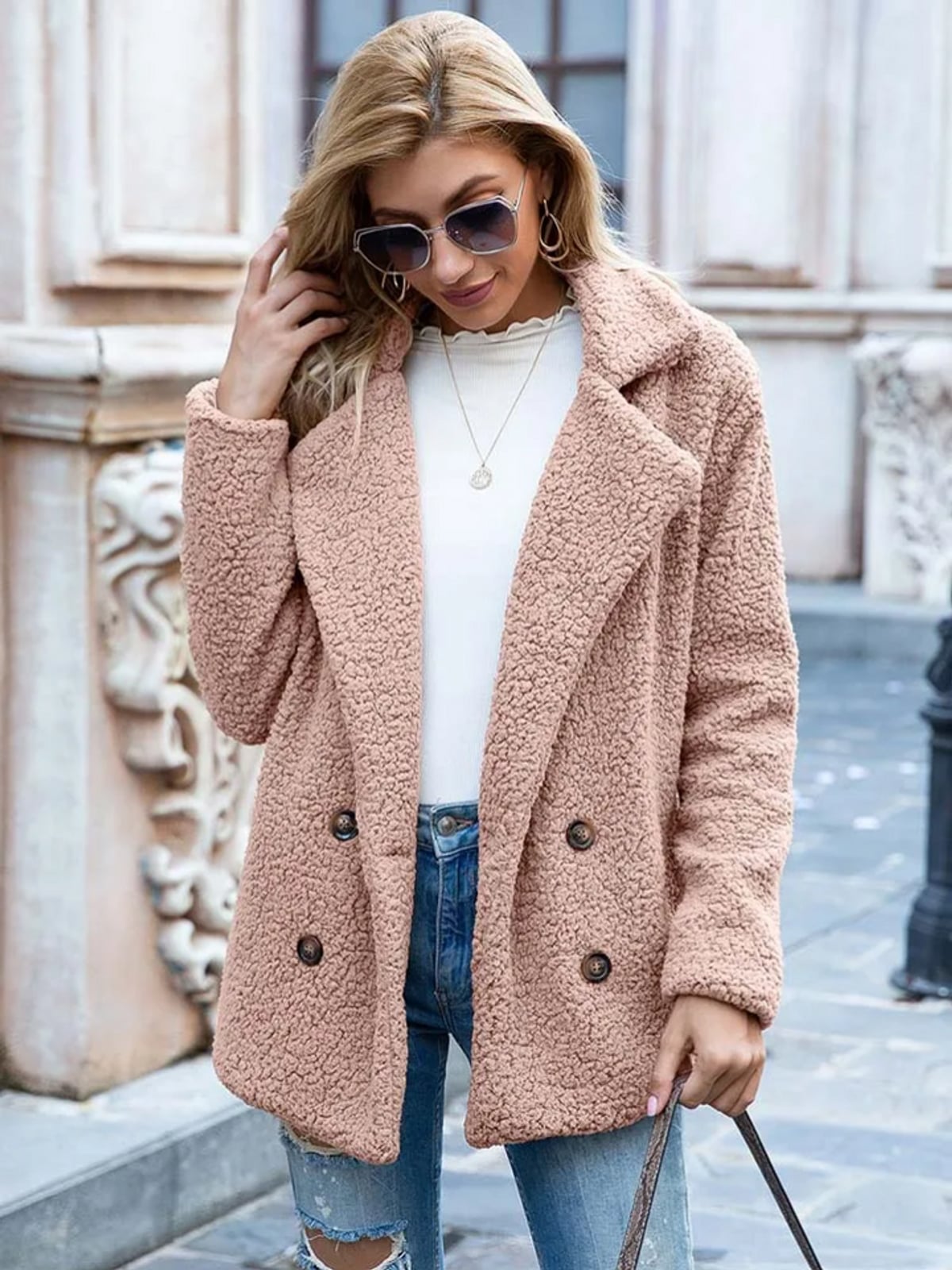 dames relaxed fit teddy coat met reverskraag in roze