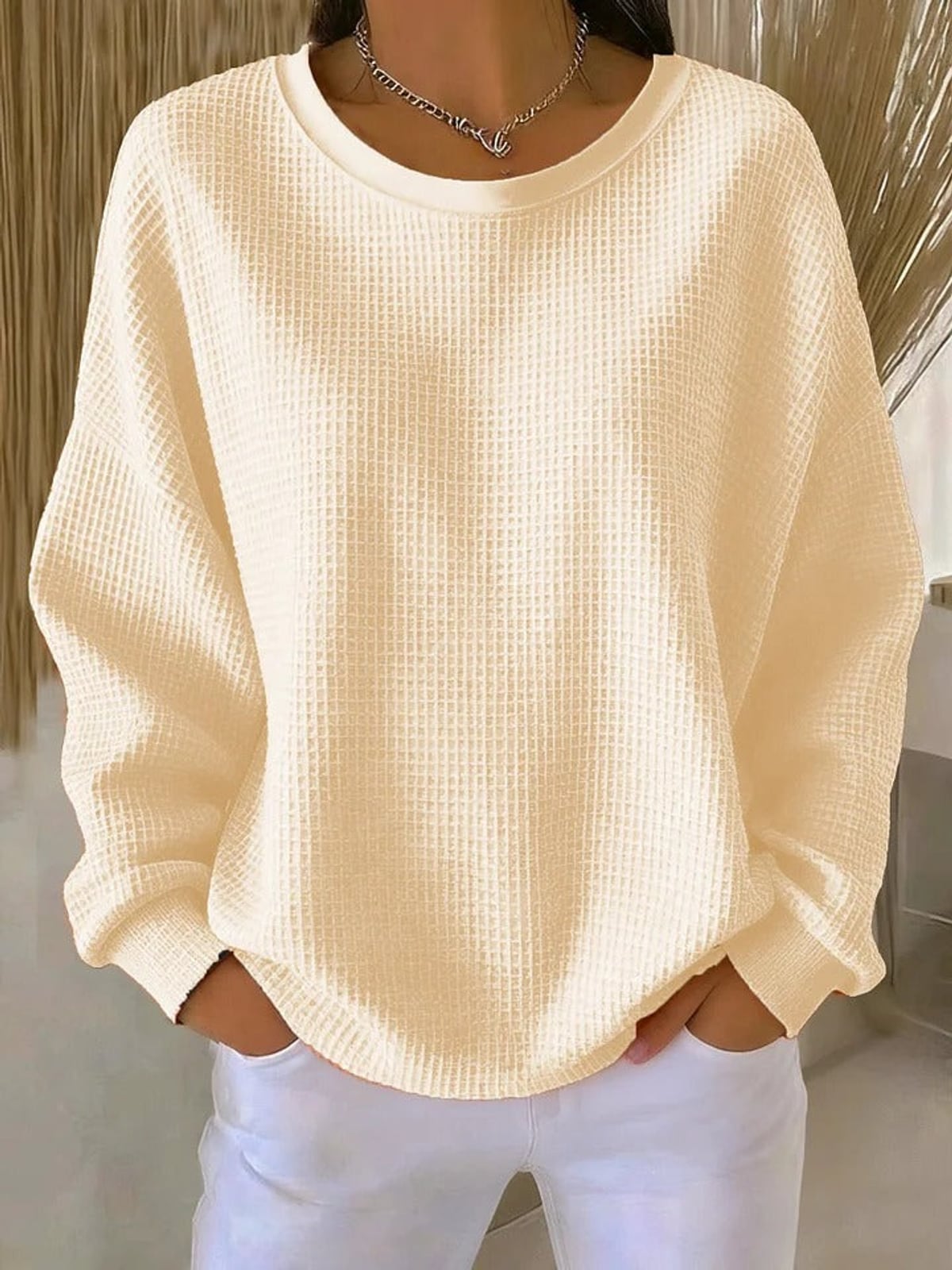 dames relaxed trui oversized met ronde hals in abrikoos