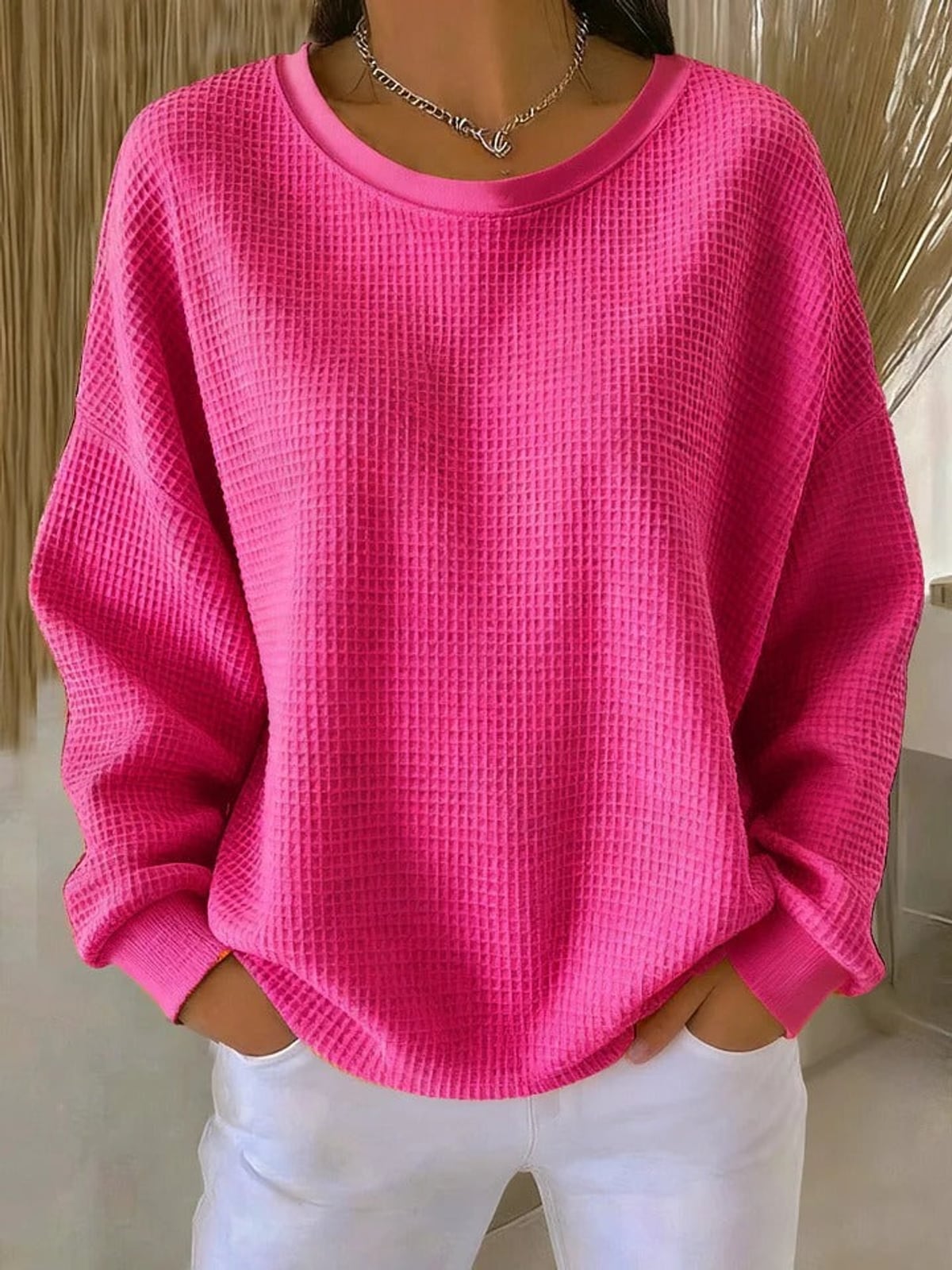 dames relaxed trui oversized met ronde hals in felroze